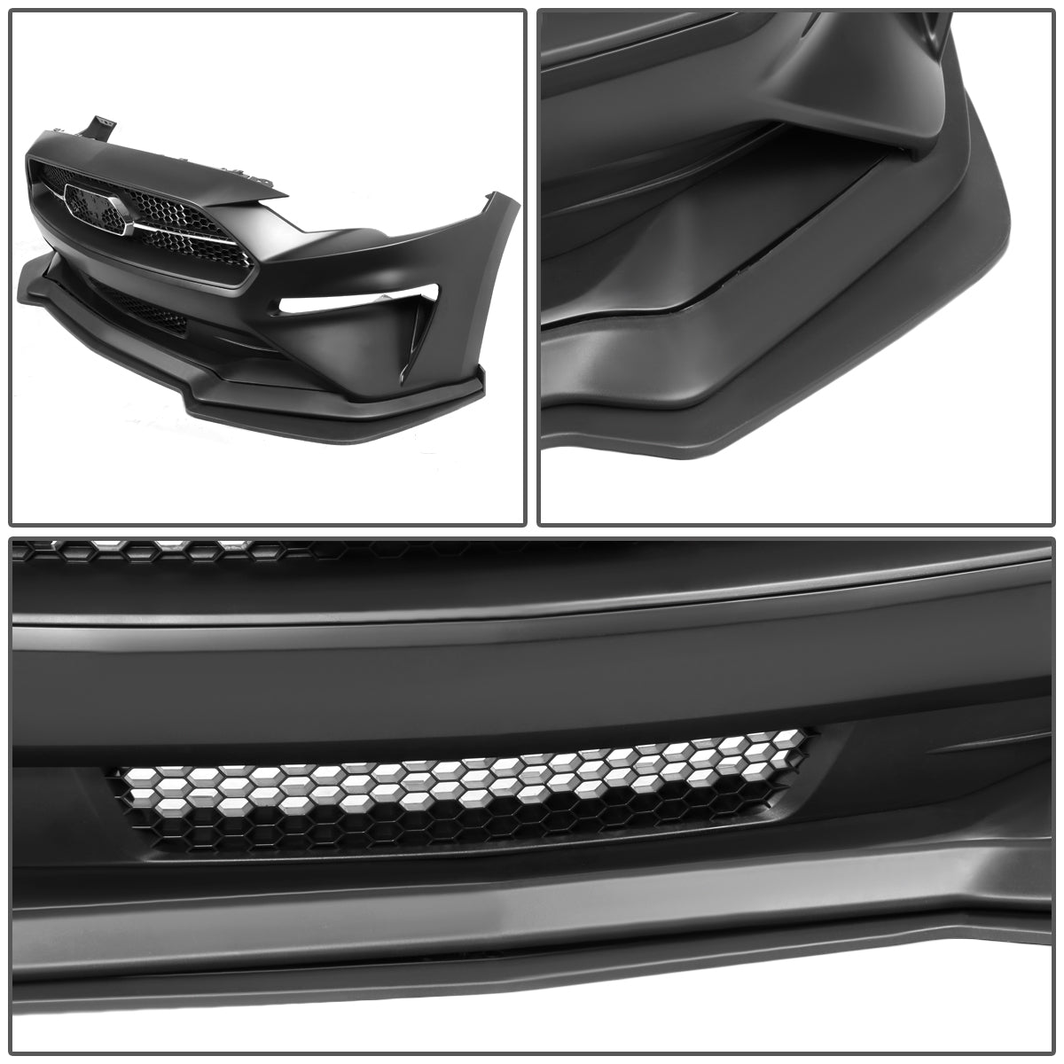 DEFENSA 18-20 FORD MUSTANG GT, ECOBOOST - WITH UPPER, LOWER HONEYCOMB MESH GRILLE - INCLUDES CHIN LIP SPOILER SPLITTER - BLACK