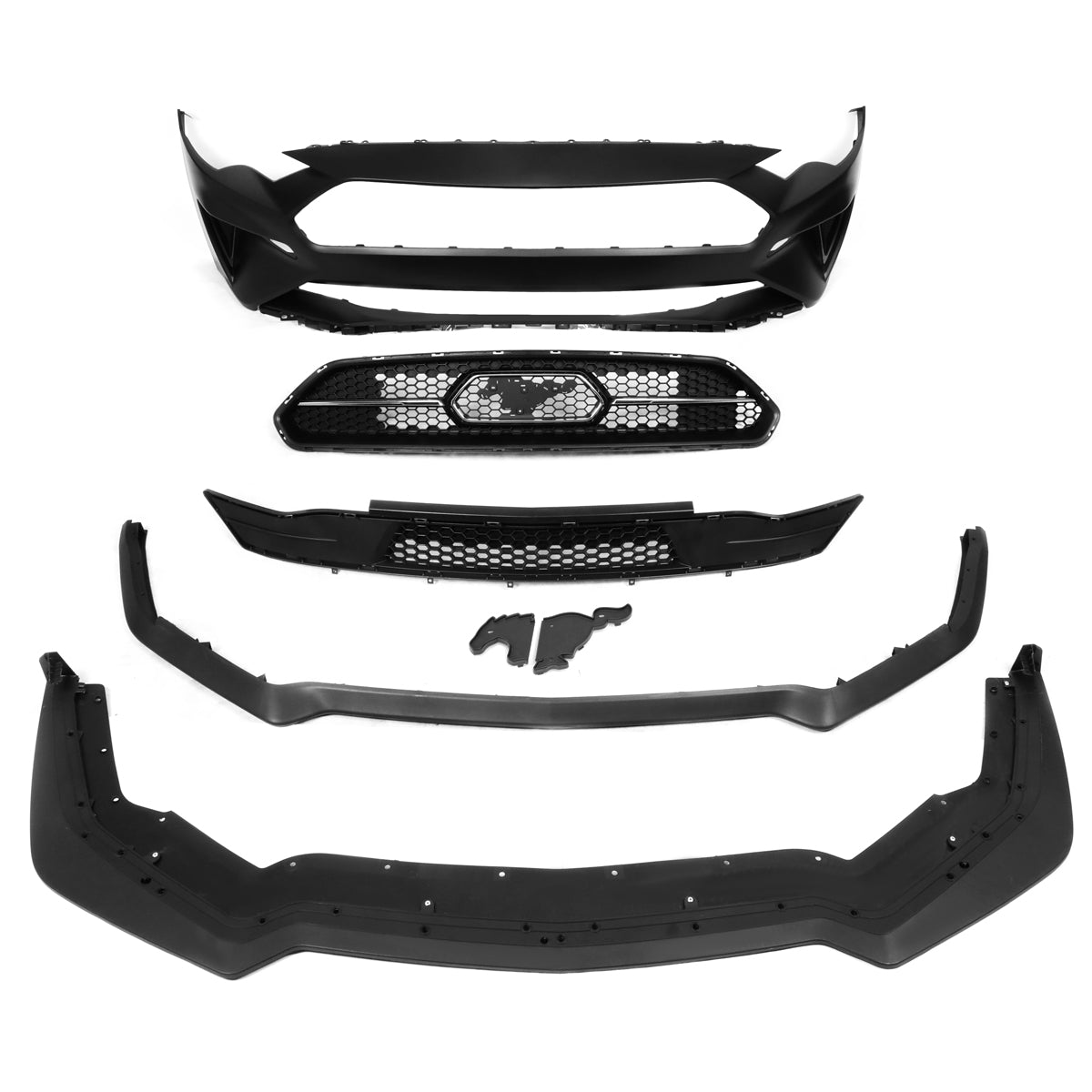 DEFENSA 18-20 FORD MUSTANG GT, ECOBOOST - WITH UPPER, LOWER HONEYCOMB MESH GRILLE - INCLUDES CHIN LIP SPOILER SPLITTER - BLACK