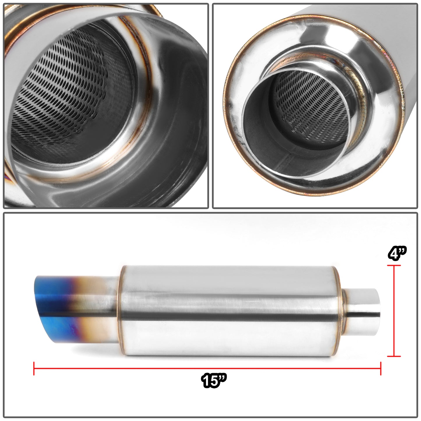 MOFLES RACING MUFFLER - TIP DIAMETER: 3.0"
TIP LENGTH: 3.5"
INLET DIAMETER: 2.0"
INLET LENGTH: 1.77"
BODY DIAMETER: 4.0"
BODY LENGTH: 9.2"
TOTAL LENGTH: 14.7" STRIGHT CUT / BURN TIP