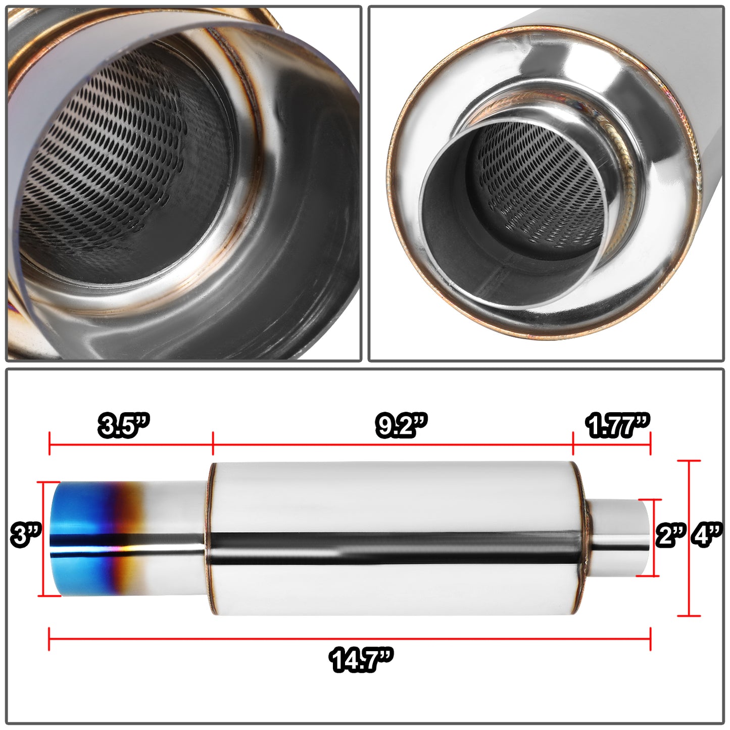 MOFLES RACING MUFFLER - TIP DIAMETER: 3.0"
TIP LENGTH: 3.5"
INLET DIAMETER: 2.0"
INLET LENGTH: 1.77"
BODY DIAMETER: 4.0"
BODY LENGTH: 9.2"
TOTAL LENGTH: 14.7" ROUND CUT / BURN TIP