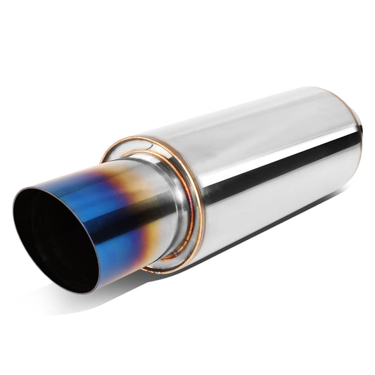 MOFLES RACING MUFFLER - TIP DIAMETER: 3.0"
TIP LENGTH: 3.5"
INLET DIAMETER: 2.25"
INLET LENGTH: 1.77"
BODY DIAMETER: 4.0"
BODY LENGTH: 9.2"
TOTAL LENGTH: 14.7" STRIGHT CUT / BURN TIP