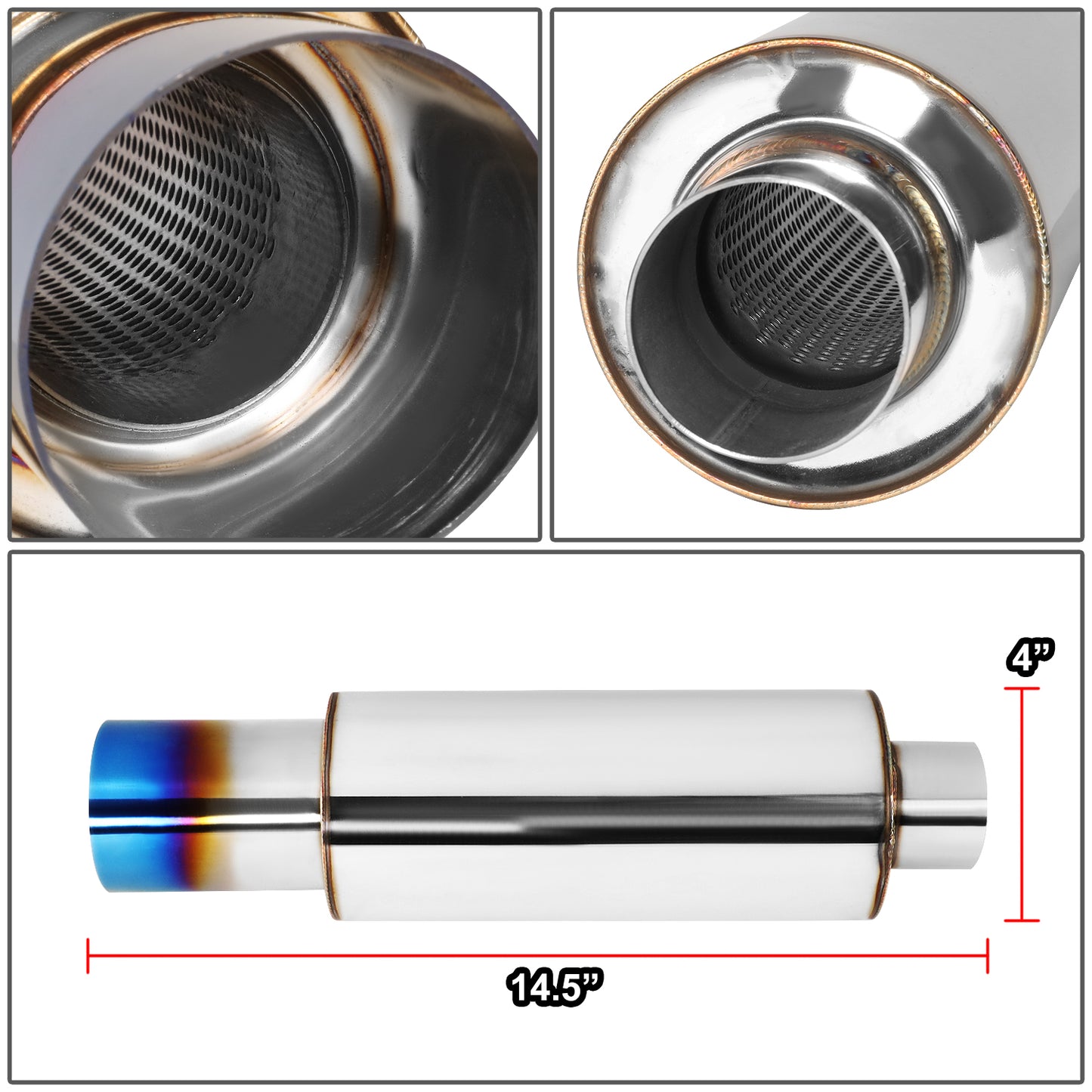 MOFLES RACING MUFFLER - TIP DIAMETER: 3.0"
TIP LENGTH: 3.5"
INLET DIAMETER: 2.25"
INLET LENGTH: 1.77"
BODY DIAMETER: 4.0"
BODY LENGTH: 9.2"
TOTAL LENGTH: 14.7" STRIGHT CUT / BURN TIP