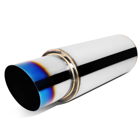 MOFLES RACING MUFFLER - TIP DIAMETER: 4.0"
TIP LENGTH: 4.3"
INLET DIAMETER: 2.5"
INLET LENGTH: 1.9"
BODY DIAMETER: 4.9"
BODY LENGTH: 12.1"
TOTAL LENGTH: 18.3" ROUND CUT / BURN TIP