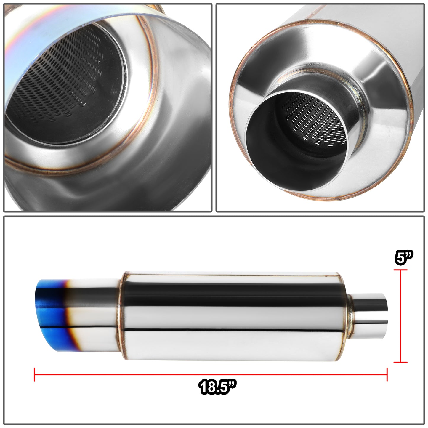 MOFLES RACING MUFFLER - TIP DIAMETER: 4.0"
TIP LENGTH: 4.3"
INLET DIAMETER: 2.5"
INLET LENGTH: 1.9"
BODY DIAMETER: 4.9"
BODY LENGTH: 12.1"
TOTAL LENGTH: 18.3" ROUND CUT / BURN TIP