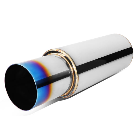 MOFLES RACING MUFFLER - TIP DIAMETER: 4.0"
TIP LENGTH: 4.3"
INLET DIAMETER: 2.5"
INLET LENGTH: 1.9"
BODY DIAMETER: 4.9"
BODY LENGTH: 12.1"
TOTAL LENGTH: 18.3" ROUND CUT / BURN TIP