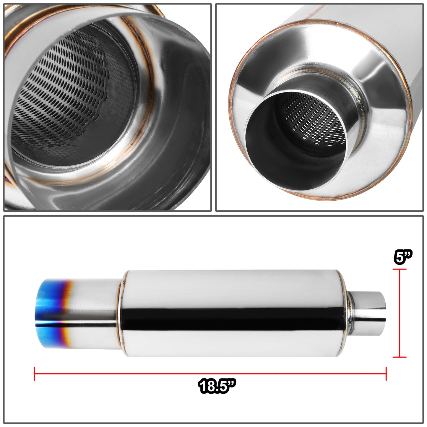 MOFLES RACING MUFFLER - TIP DIAMETER: 4.0"
TIP LENGTH: 4.3"
INLET DIAMETER: 2.5"
INLET LENGTH: 1.9"
BODY DIAMETER: 4.9"
BODY LENGTH: 12.1"
TOTAL LENGTH: 18.3" ROUND CUT / BURN TIP