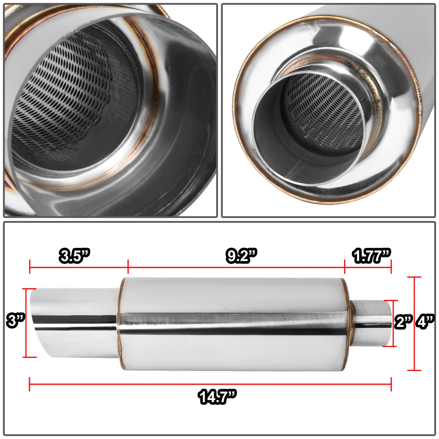 MOFLES RACING MUFFLER - TIP DIAMETER: 3.0"
TIP LENGTH: 3.5"
INLET DIAMETER: 2.0"
INLET LENGTH: 1.77"
BODY DIAMETER: 4.0"
BODY LENGTH: 9.2"
TOTAL LENGTH: 14.7" STRIGHT CUT / POLISHING