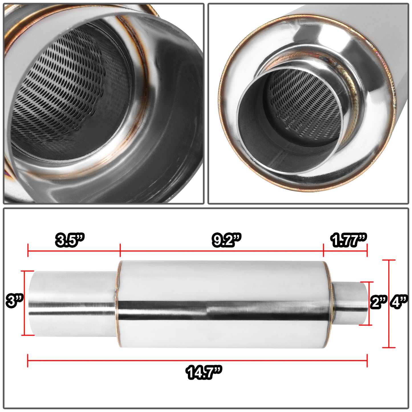 MOFLES RACING MUFFLER - TIP DIAMETER: 3.0"
TIP LENGTH: 3.5"
INLET DIAMETER: 2.0"
INLET LENGTH: 1.77"
BODY DIAMETER: 4.0"
BODY LENGTH: 9.2"
TOTAL LENGTH: 14.7" ROUND CUT / POLISHING