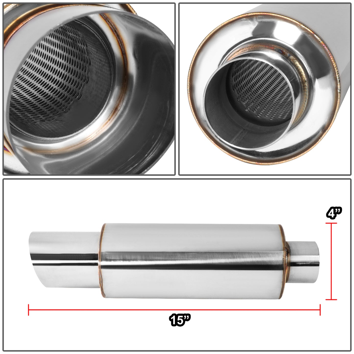 MOFLES RACING MUFFLER - TIP DIAMETER: 3.0"
TIP LENGTH: 3.5"
INLET DIAMETER: 2.25"
INLET LENGTH: 1.77"
BODY DIAMETER: 4.0"
BODY LENGTH: 9.2"
TOTAL LENGTH: 14.7" STRIGHT CUT /POLISHING