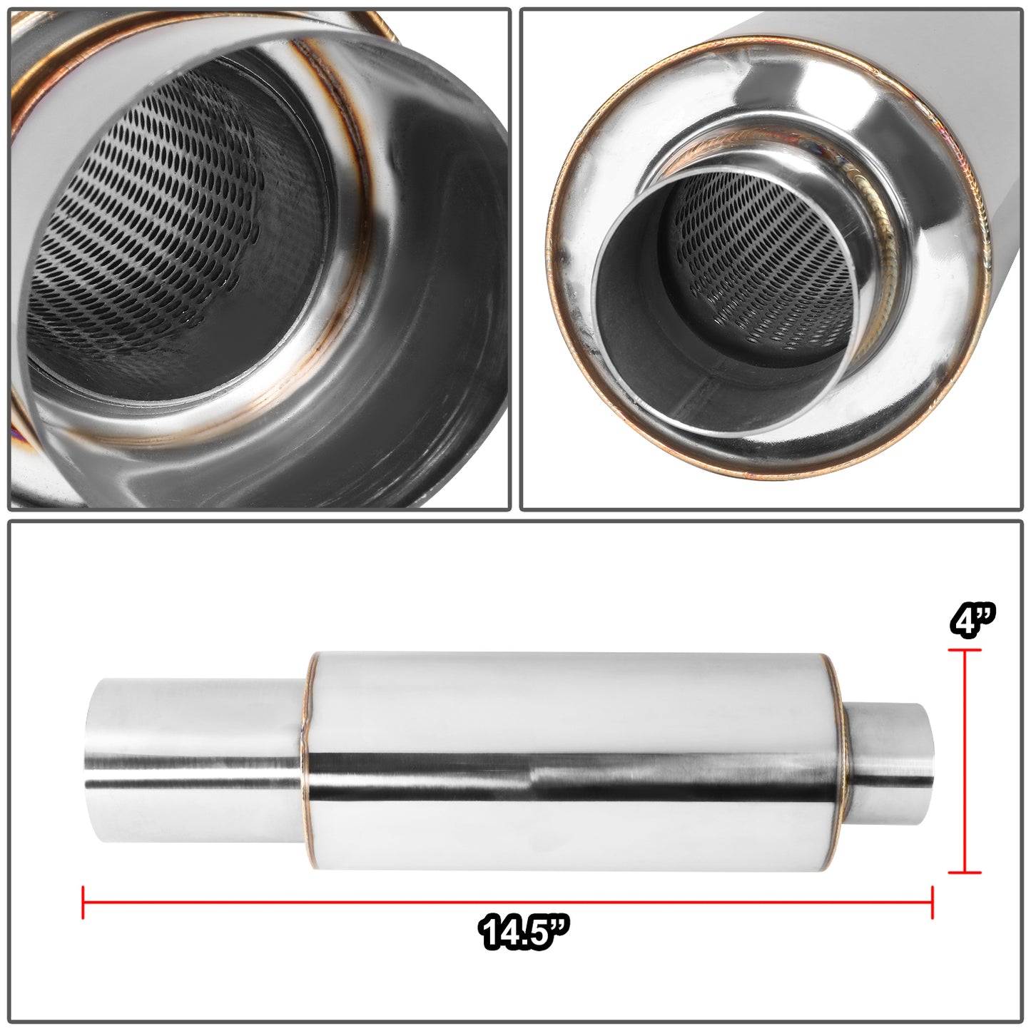 MOFLES RACING MUFFLER - TIP DIAMETER: 3.0"
TIP LENGTH: 3.5"
INLET DIAMETER: 2.25"
INLET LENGTH: 1.77"
BODY DIAMETER: 4.0"
BODY LENGTH: 9.2"
TOTAL LENGTH: 14.7" ROUND CUT /POLISHING