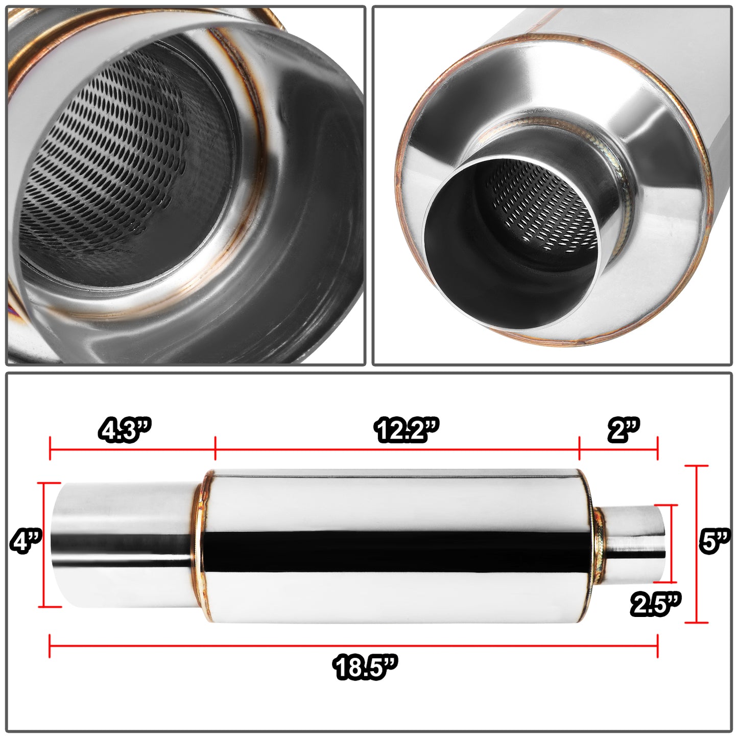 MOFLES RACING MUFFLER - TIP DIAMETER: 4.0"
TIP LENGTH: 4.3"
INLET DIAMETER: 2.5"
INLET LENGTH: 2.0"
BODY DIAMETER: 4.9"
BODY LENGTH: 12.2"
TOTAL LENGTH: 18.5" ROUND CUT / POLISHING