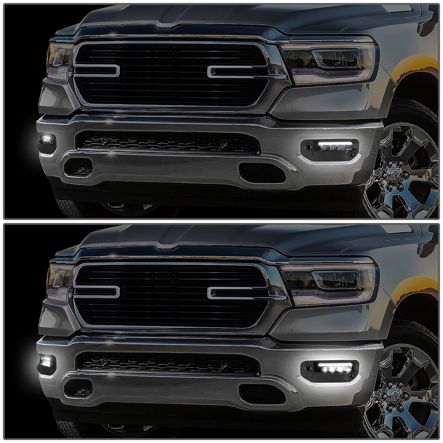 FAROS DE NIEBLA 19-22 RAM 1500 - FITS BIG HORN, HFE, LARAMIE, LIMITED, LIMITED LONGHORN, LONE STAR, REBEL, TRX, TRADESMAN - WILL FIT MODELS WITH PARKING SENSORS ONLY - LED DRL - CHROME / CLEAR