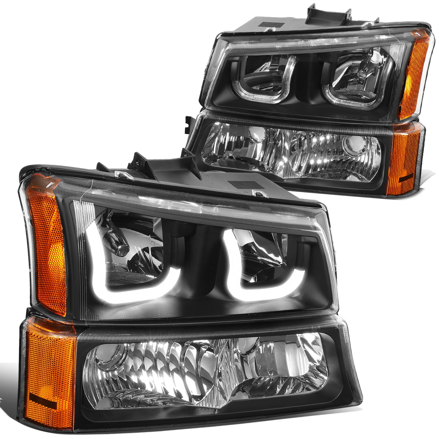 FAROS 03-06 CHEVY SILVERADO 1500, 2500, 3500, 1500HD, 2500HD, AVALANCHE 1500, AVALANCHE 2500 / 2007 CHEVY SILVERADO 1500, 1500HD, 2500HD, 3500 CLASSIC - J-HALO LED DRL - 4PC - BLACK HOUSING / AMBER CORNER