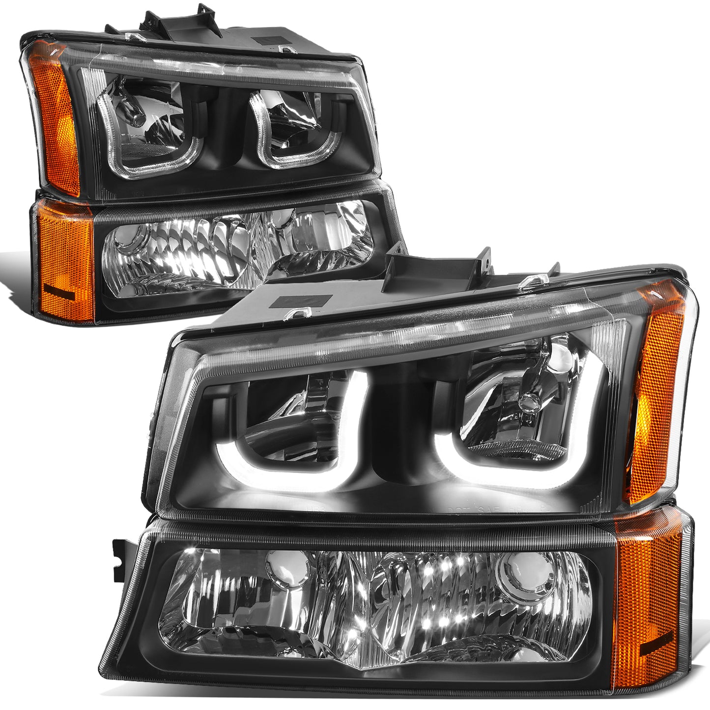 FAROS 03-06 CHEVY SILVERADO 1500, 2500, 3500, 1500HD, 2500HD, AVALANCHE 1500, AVALANCHE 2500 / 2007 CHEVY SILVERADO 1500, 1500HD, 2500HD, 3500 CLASSIC - J-HALO LED DRL - 4PC - BLACK HOUSING / AMBER CORNER