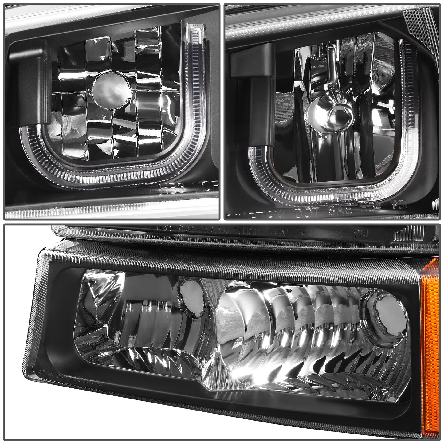FAROS 03-06 CHEVY SILVERADO 1500, 2500, 3500, 1500HD, 2500HD, AVALANCHE 1500, AVALANCHE 2500 / 2007 CHEVY SILVERADO 1500, 1500HD, 2500HD, 3500 CLASSIC - J-HALO LED DRL - 4PC - BLACK HOUSING / AMBER CORNER