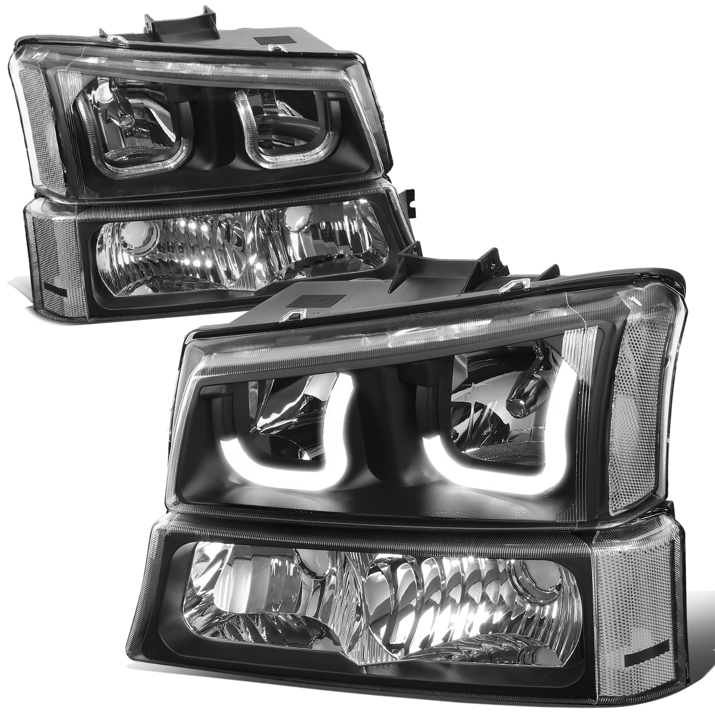 FAROS 03-06 CHEVY SILVERADO 1500, 2500, 3500, 1500HD, 2500HD, AVALANCHE 1500, AVALANCHE 2500 / 2007 CHEVY SILVERADO 1500, 1500HD, 2500HD, 3500 CLASSIC - J-HALO LED DRL - 4PC - BLACK HOUSING / CLEAR CORNER