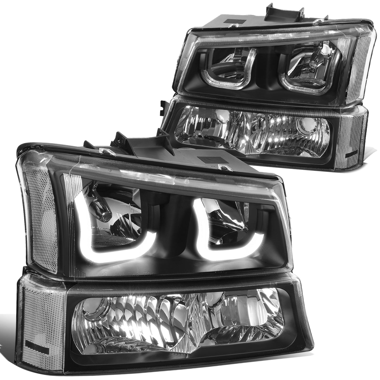 FAROS 03-06 CHEVY SILVERADO 1500, 2500, 3500, 1500HD, 2500HD, AVALANCHE 1500, AVALANCHE 2500 / 2007 CHEVY SILVERADO 1500, 1500HD, 2500HD, 3500 CLASSIC - J-HALO LED DRL - 4PC - BLACK HOUSING / CLEAR CORNER