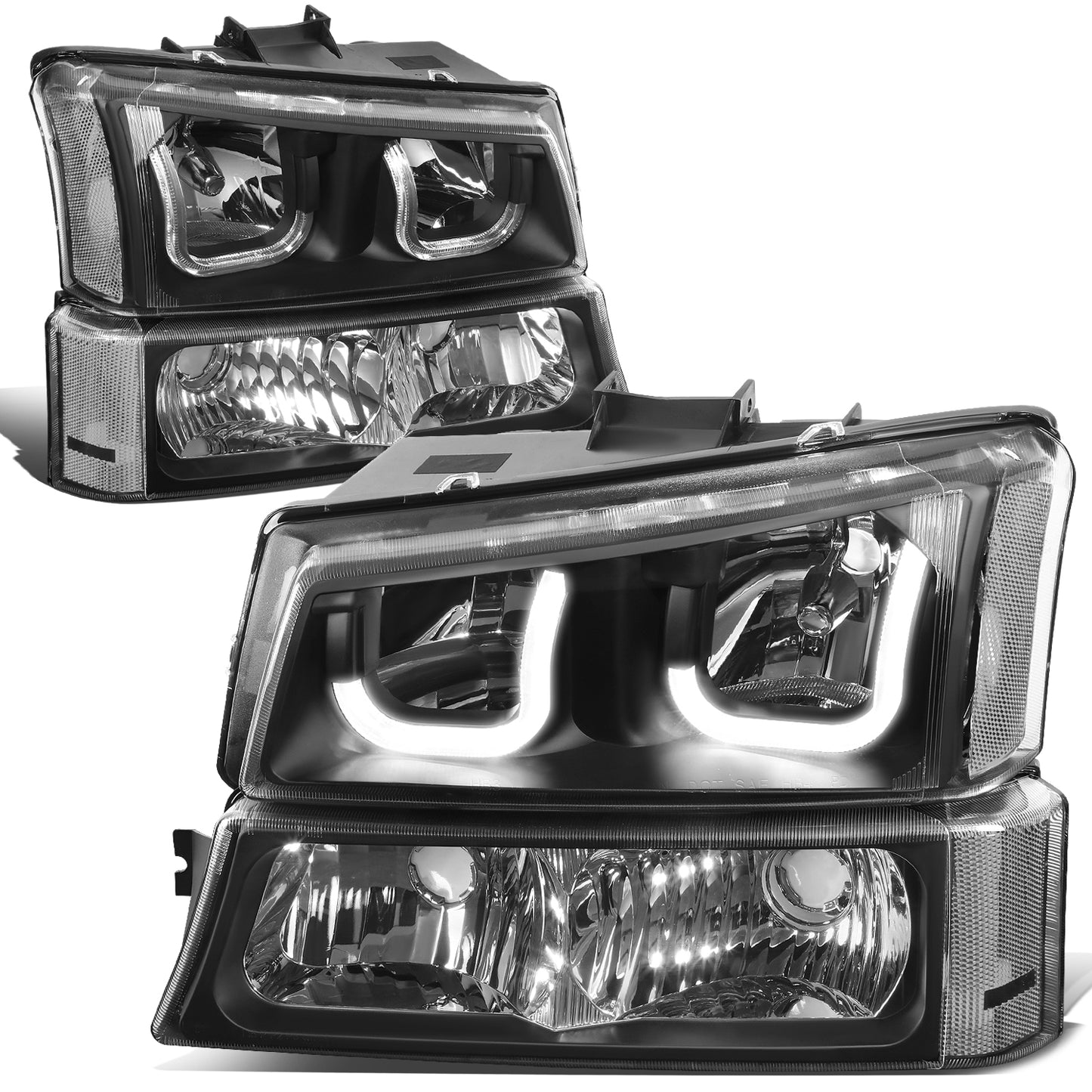 FAROS 03-06 CHEVY SILVERADO 1500, 2500, 3500, 1500HD, 2500HD, AVALANCHE 1500, AVALANCHE 2500 / 2007 CHEVY SILVERADO 1500, 1500HD, 2500HD, 3500 CLASSIC - J-HALO LED DRL - 4PC - BLACK HOUSING / CLEAR CORNER