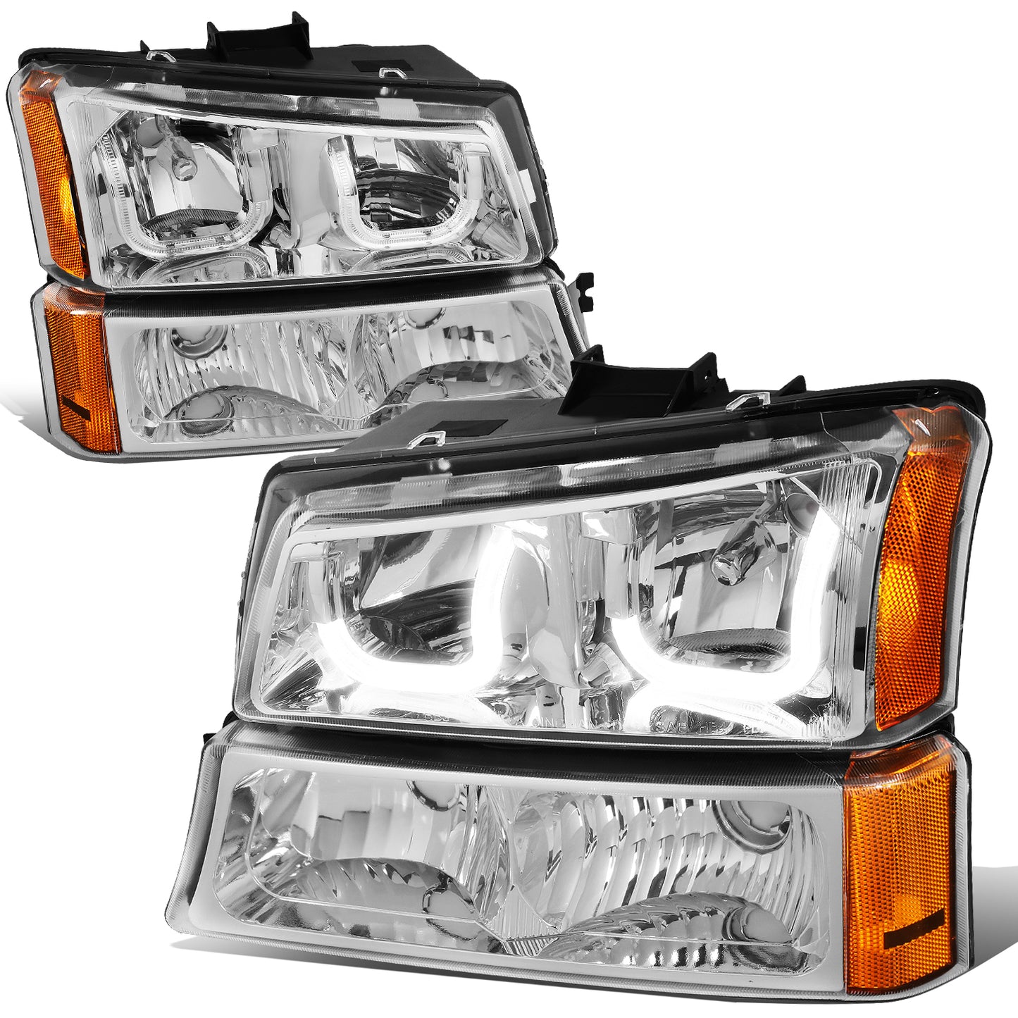 FAROS 03-06 CHEVY SILVERADO 1500, 2500, 3500, 1500HD, 2500HD, AVALANCHE 1500, AVALANCHE 2500 / 2007 CHEVY SILVERADO 1500, 1500HD, 2500HD, 3500 CLASSIC - J-HALO LED DRL - 4PC - CHROME HOUSING / AMBER CORNER