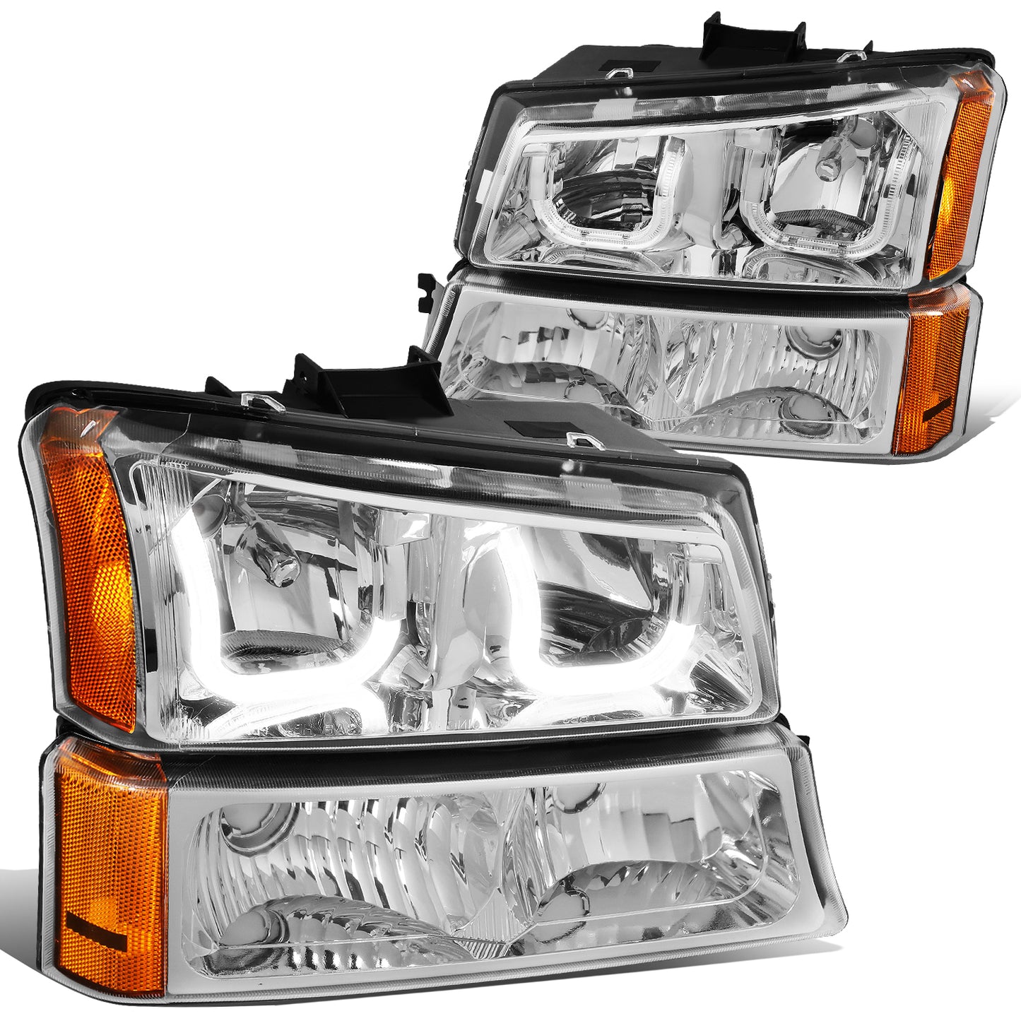 FAROS 03-06 CHEVY SILVERADO 1500, 2500, 3500, 1500HD, 2500HD, AVALANCHE 1500, AVALANCHE 2500 / 2007 CHEVY SILVERADO 1500, 1500HD, 2500HD, 3500 CLASSIC - J-HALO LED DRL - 4PC - CHROME HOUSING / AMBER CORNER