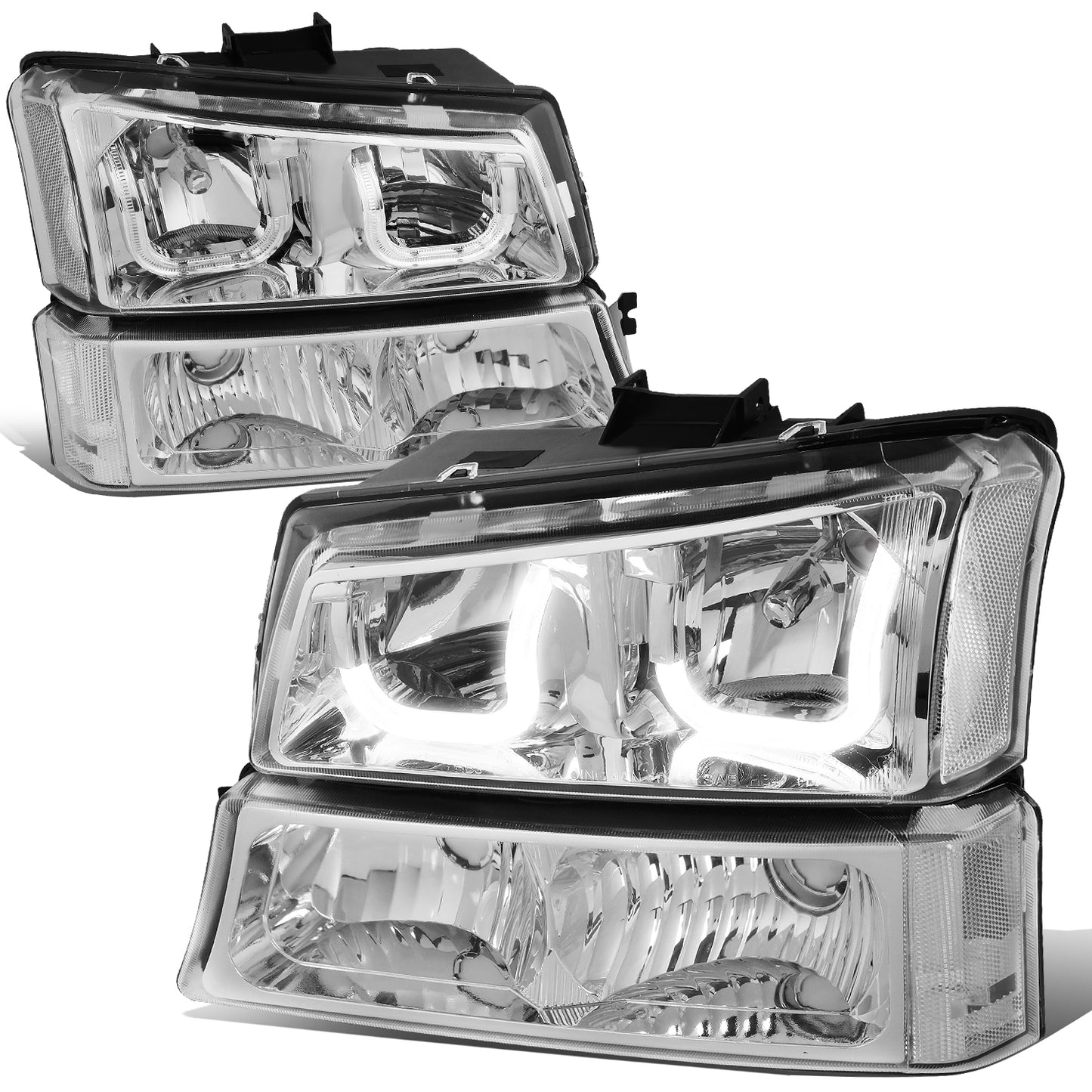 FAROS 03-06 CHEVY SILVERADO 1500, 2500, 3500, 1500HD, 2500HD, AVALANCHE 1500, AVALANCHE 2500 / 2007 CHEVY SILVERADO 1500, 1500HD, 2500HD, 3500 CLASSIC - J-HALO LED DRL - 4PC - CHROME HOUSING / CLEAR CORNER