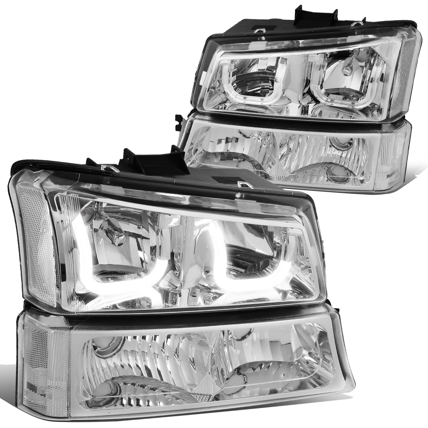 FAROS 03-06 CHEVY SILVERADO 1500, 2500, 3500, 1500HD, 2500HD, AVALANCHE 1500, AVALANCHE 2500 / 2007 CHEVY SILVERADO 1500, 1500HD, 2500HD, 3500 CLASSIC - J-HALO LED DRL - 4PC - CHROME HOUSING / CLEAR CORNER