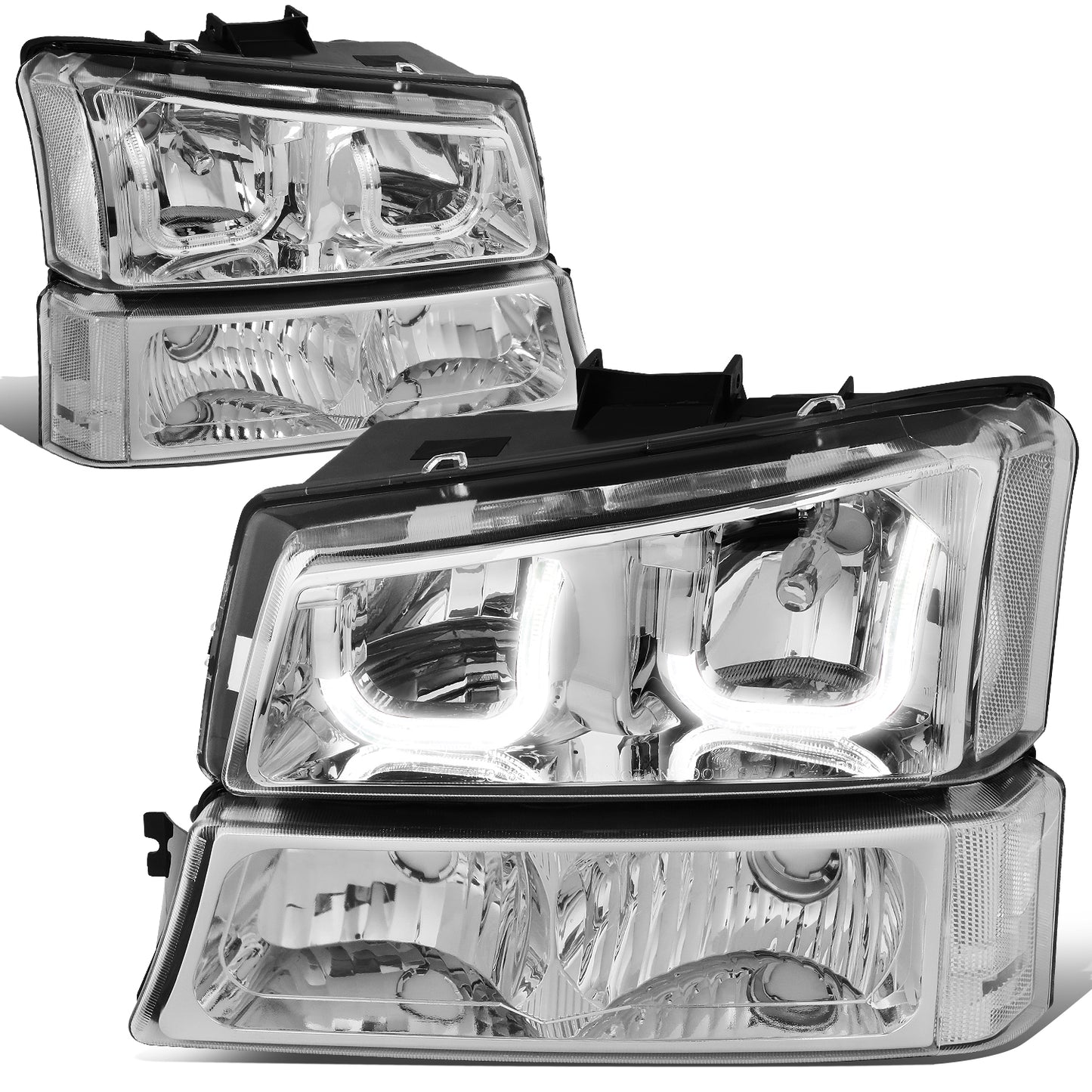 FAROS 03-06 CHEVY SILVERADO 1500, 2500, 3500, 1500HD, 2500HD, AVALANCHE 1500, AVALANCHE 2500 / 2007 CHEVY SILVERADO 1500, 1500HD, 2500HD, 3500 CLASSIC - J-HALO LED DRL - 4PC - CHROME HOUSING / CLEAR CORNER