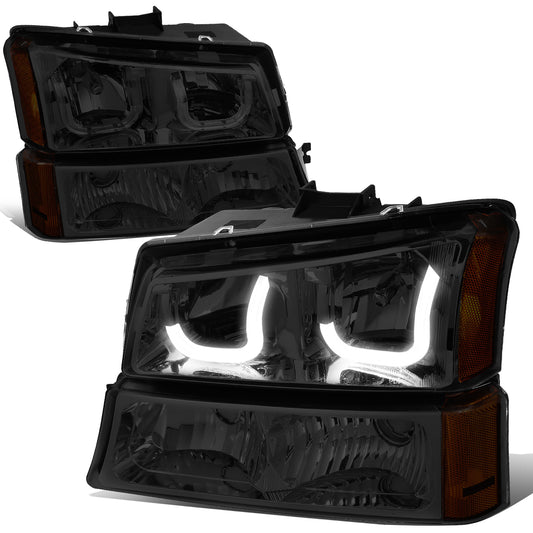FAROS 03-06 CHEVY SILVERADO 1500, 2500, 3500, 1500HD, 2500HD, AVALANCHE 1500, AVALANCHE 2500 / 2007 CHEVY SILVERADO 1500, 1500HD, 2500HD, 3500 CLASSIC - J-HALO LED DRL - 4PC - SMOKE HOUSING / AMBER CORNER