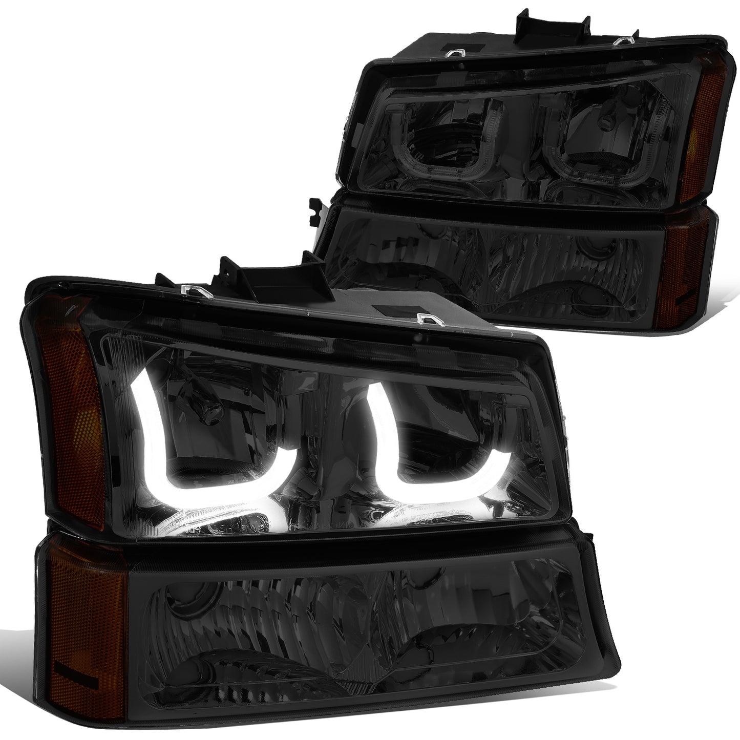FAROS 03-06 CHEVY SILVERADO 1500, 2500, 3500, 1500HD, 2500HD, AVALANCHE 1500, AVALANCHE 2500 / 2007 CHEVY SILVERADO 1500, 1500HD, 2500HD, 3500 CLASSIC - J-HALO LED DRL - 4PC - SMOKE HOUSING / AMBER CORNER