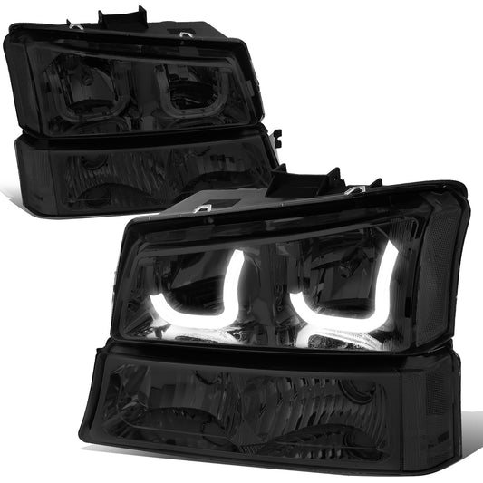FAROS 03-06 CHEVY SILVERADO 1500, 2500, 3500, 1500HD, 2500HD, AVALANCHE 1500, AVALANCHE 2500 / 2007 CHEVY SILVERADO 1500, 1500HD, 2500HD, 3500 CLASSIC - J-HALO LED DRL - 4PC - SMOKE HOUSING / CLEAR CORNER
