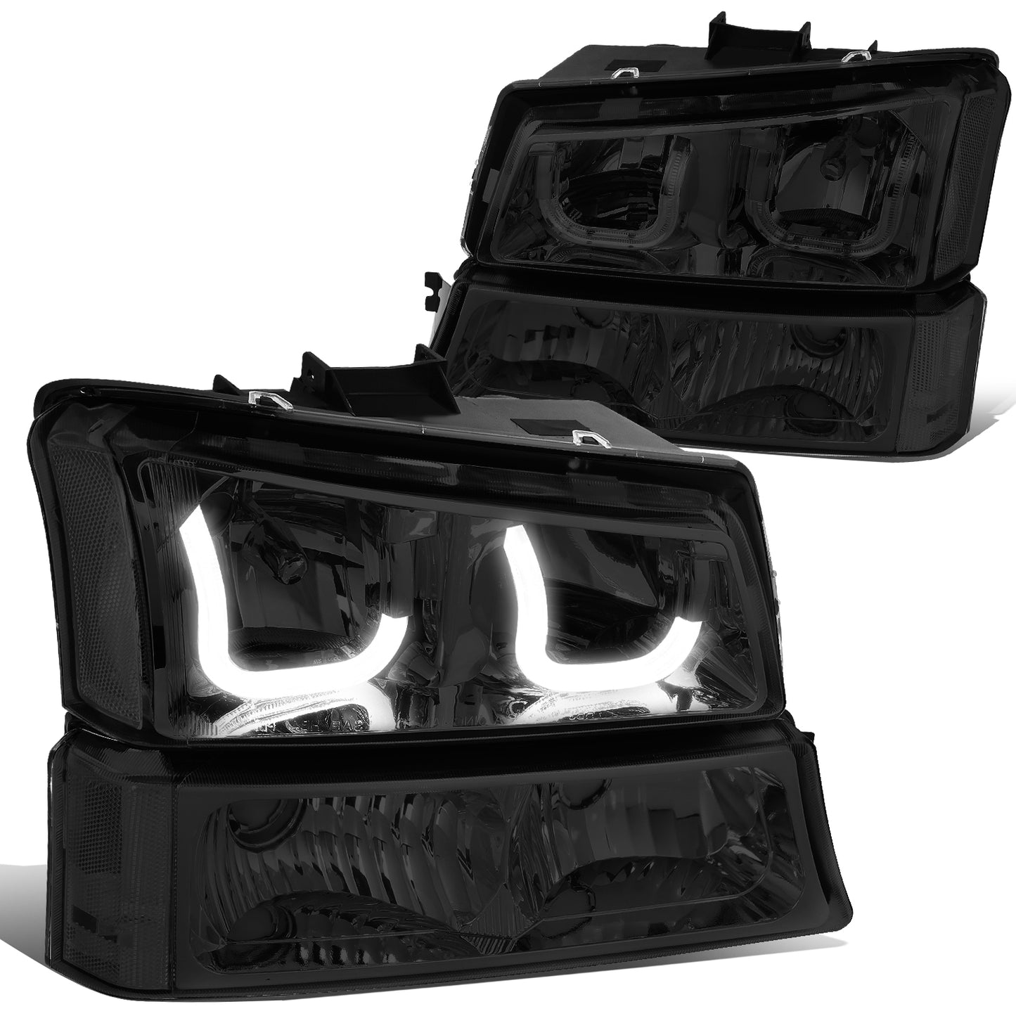 FAROS 03-06 CHEVY SILVERADO 1500, 2500, 3500, 1500HD, 2500HD, AVALANCHE 1500, AVALANCHE 2500 / 2007 CHEVY SILVERADO 1500, 1500HD, 2500HD, 3500 CLASSIC - J-HALO LED DRL - 4PC - SMOKE HOUSING / CLEAR CORNER