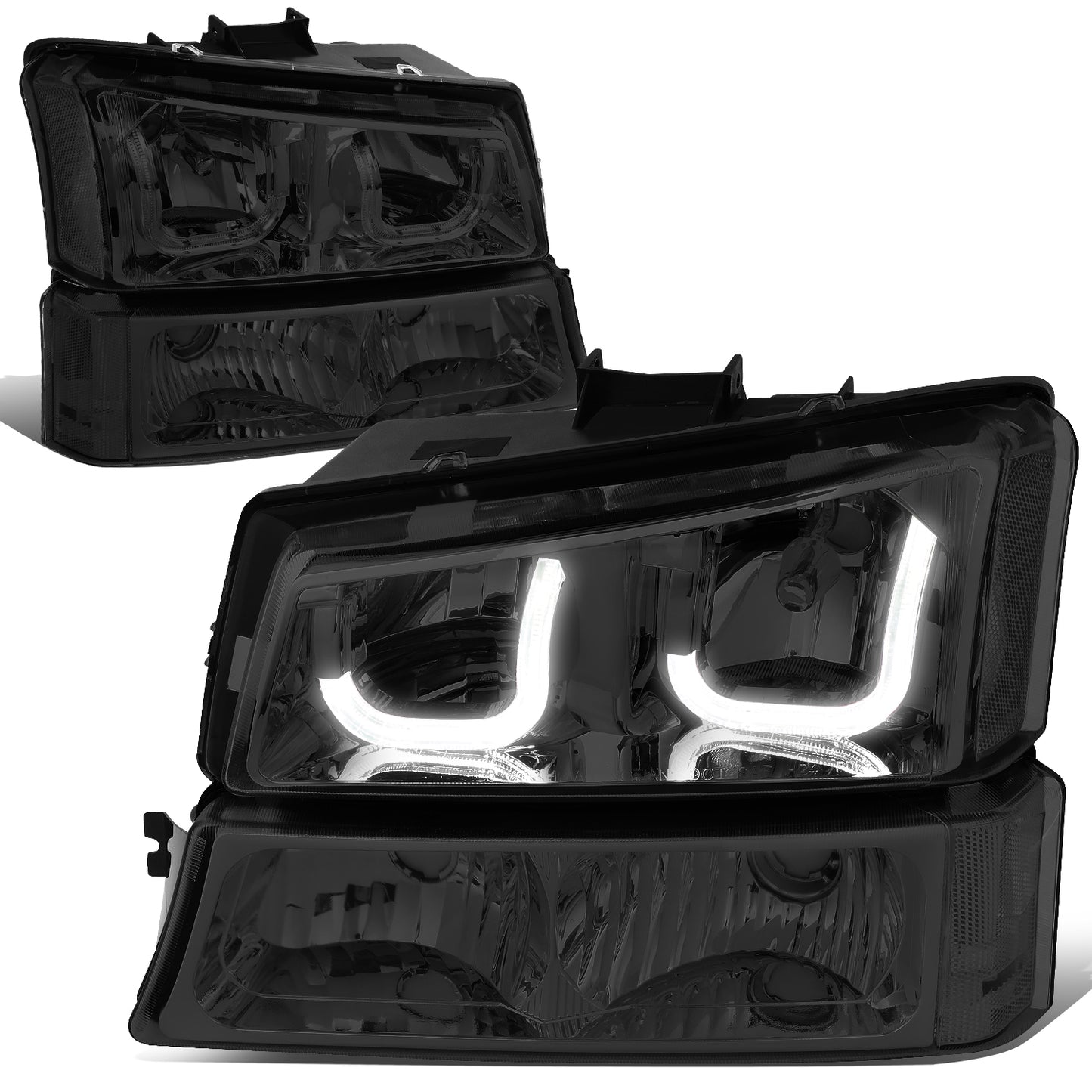 FAROS 03-06 CHEVY SILVERADO 1500, 2500, 3500, 1500HD, 2500HD, AVALANCHE 1500, AVALANCHE 2500 / 2007 CHEVY SILVERADO 1500, 1500HD, 2500HD, 3500 CLASSIC - J-HALO LED DRL - 4PC - SMOKE HOUSING / CLEAR CORNER