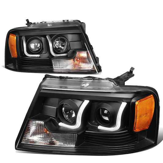 FAROS 04-08 FORD F-150 2/4-DOOR - 3D - LED - J-BAR HALO PROJECTOR - BLACK HOUSING / AMBER CORNER - 9007 LOW BEAM / HIGH BEAM