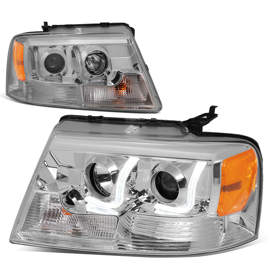 FAROS 04-08 FORD F-150 2/4-DOOR - 3D - LED - J-BAR HALO PROJECTOR - CHROME HOUSING / AMBER CORNER - 9007 LOW BEAM / HIGH BEAM