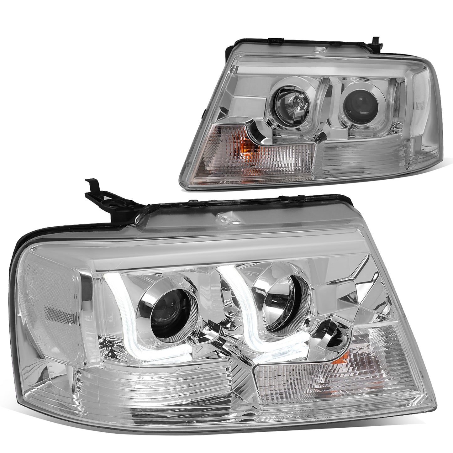 FAROS 04-08 FORD F-150 2/4-DOOR - 3D - LED - J-BAR HALO PROJECTOR - CHROME HOUSING / CLEAR CORNER - 9007 LOW BEAM / HIGH BEAM
