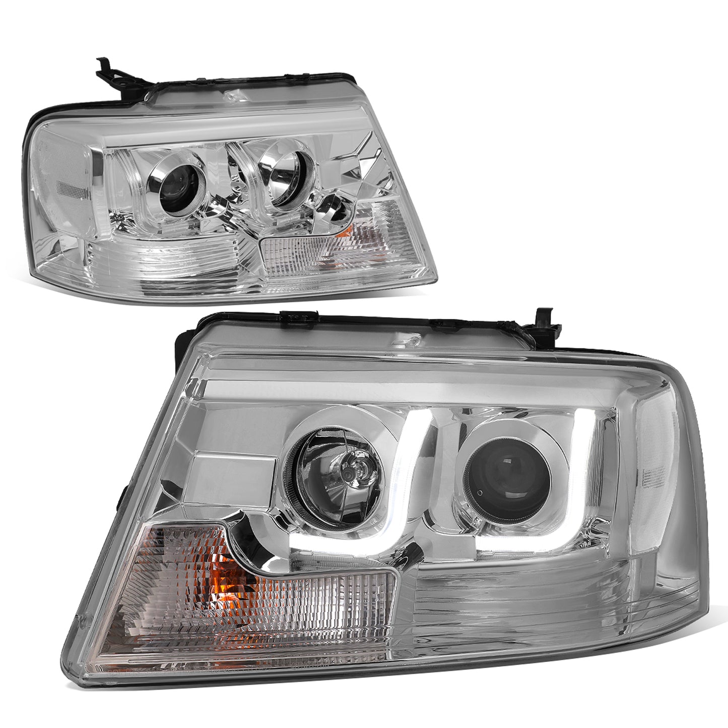 FAROS 04-08 FORD F-150 2/4-DOOR - 3D - LED - J-BAR HALO PROJECTOR - CHROME HOUSING / CLEAR CORNER - 9007 LOW BEAM / HIGH BEAM