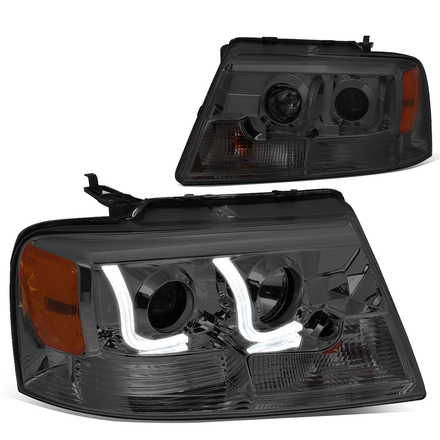 FAROS 04-08 FORD F-150 2/4-DOOR - 3D - LED - J-BAR HALO PROJECTOR - SMOKE HOUSING / AMBER CORNER - 9007 LOW BEAM / HIGH BEAM