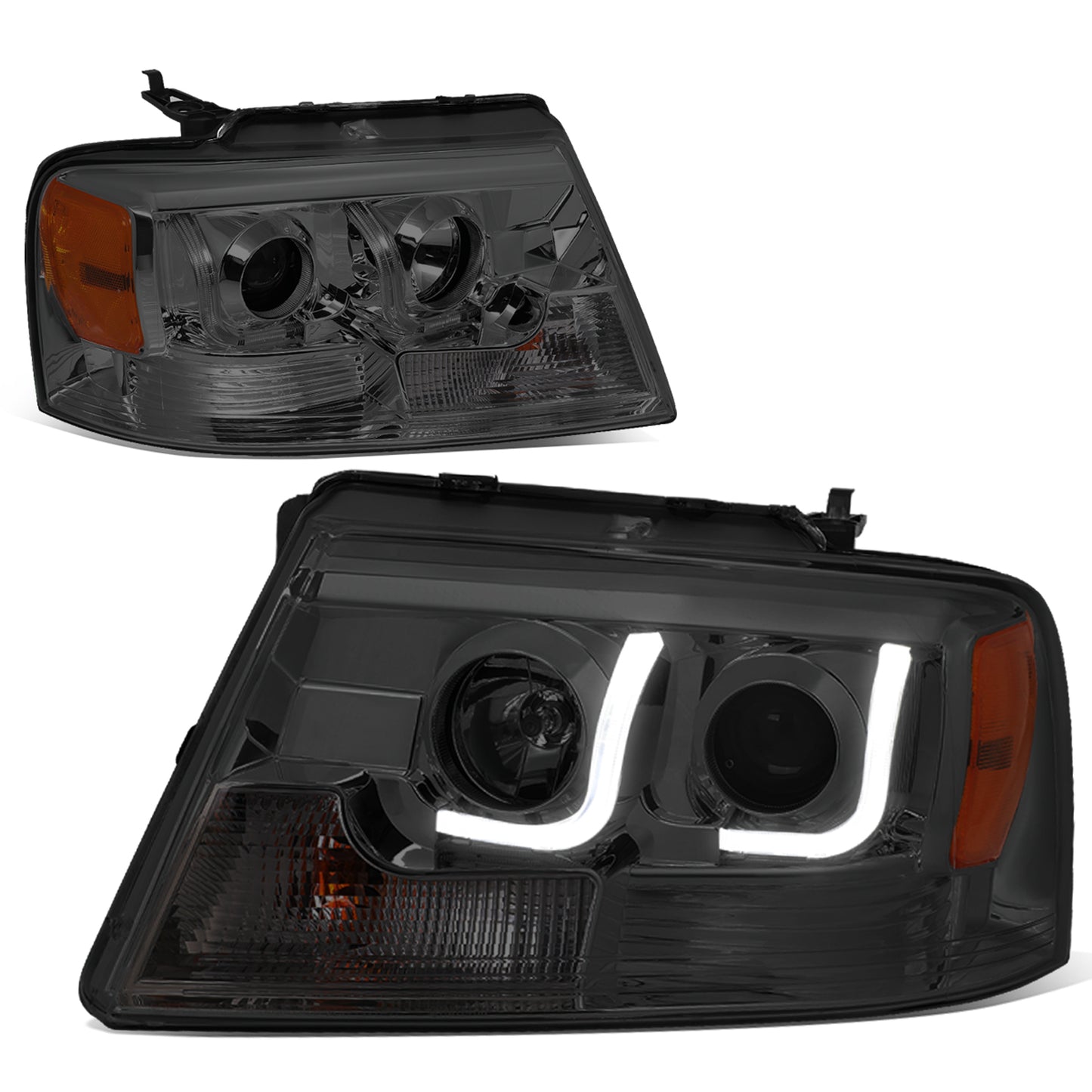 FAROS 04-08 FORD F-150 2/4-DOOR - 3D - LED - J-BAR HALO PROJECTOR - SMOKE HOUSING / AMBER CORNER - 9007 LOW BEAM / HIGH BEAM