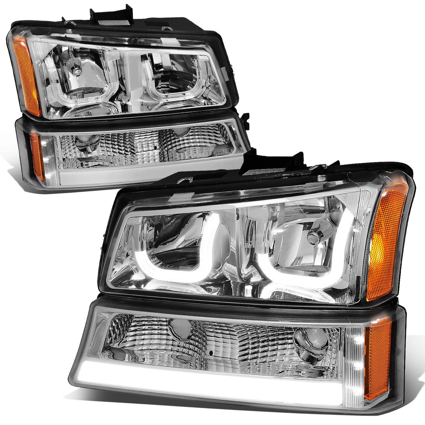 FAROS 03-06 CHEVY SILVERADO 1500, 2500, 3500, 1500HD, 2500HD, AVALANCHE 1500, AVALANCHE 2500 / 2007 CHEVY SILVERADO 1500, 1500HD, 2500HD, 3500 CLASSIC - FITS MODELS WITHOUT FACTORY CLADDING ONLY - J-HALO - LED DRL - 4PC - CHROME HOUSING / AMBER CORNER