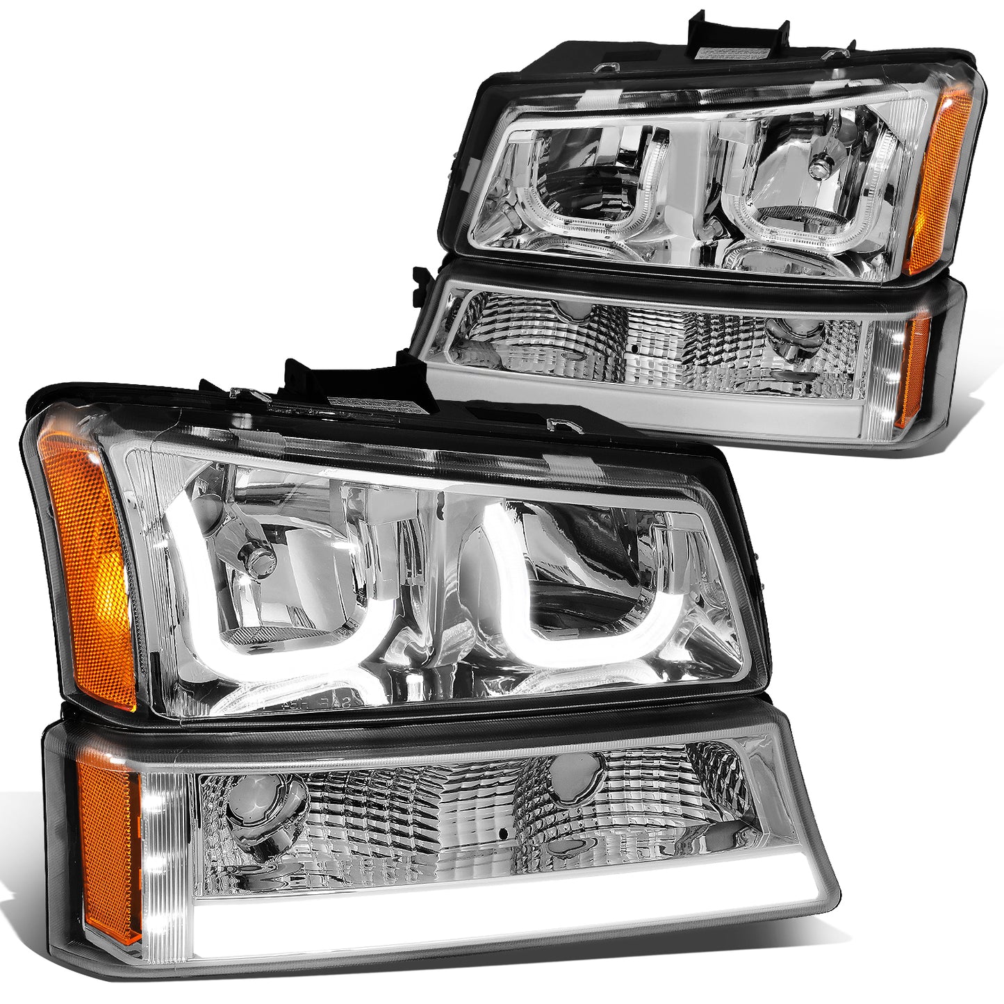 FAROS 03-06 CHEVY SILVERADO 1500, 2500, 3500, 1500HD, 2500HD, AVALANCHE 1500, AVALANCHE 2500 / 2007 CHEVY SILVERADO 1500, 1500HD, 2500HD, 3500 CLASSIC - FITS MODELS WITHOUT FACTORY CLADDING ONLY - J-HALO - LED DRL - 4PC - CHROME HOUSING / AMBER CORNER