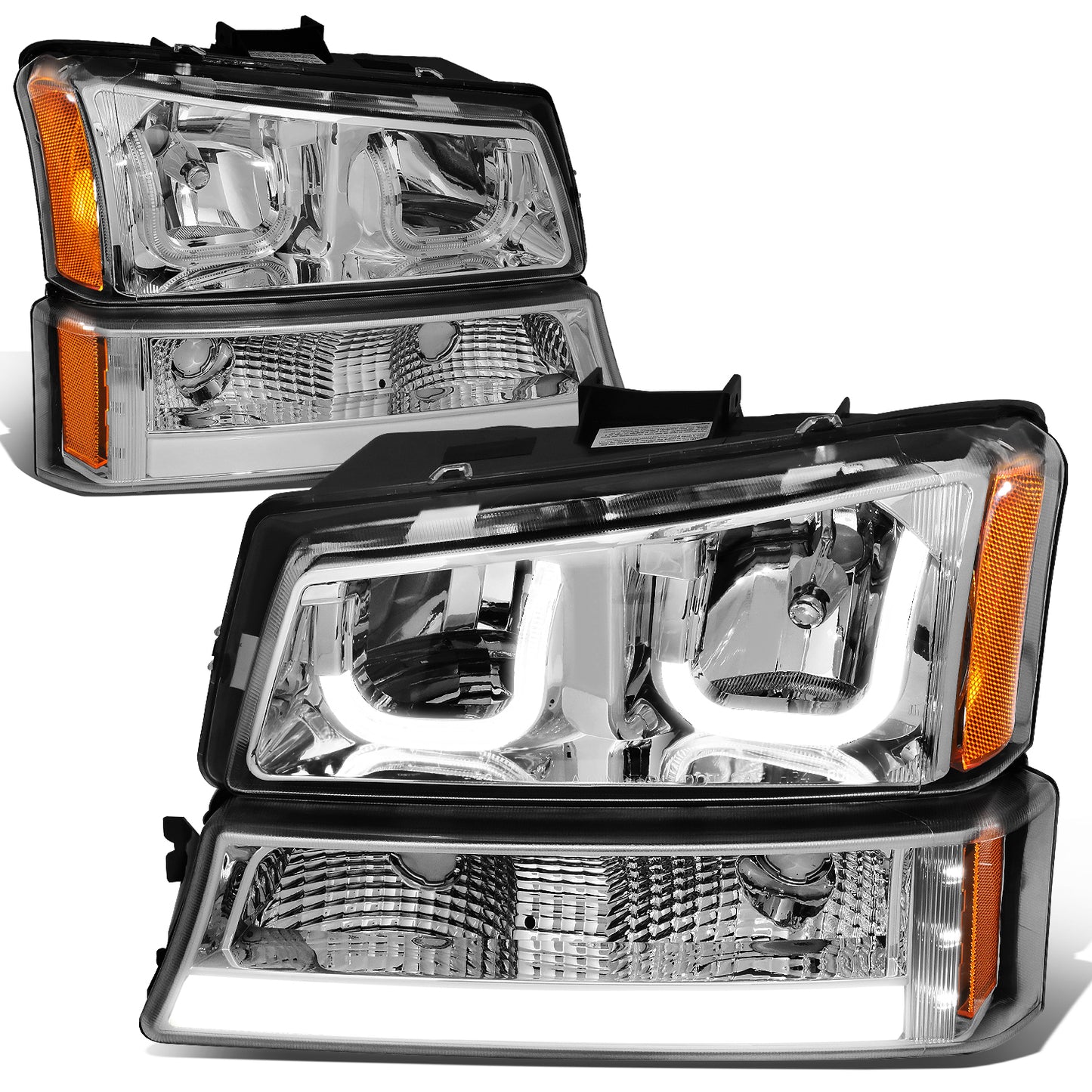 FAROS 03-06 CHEVY SILVERADO 1500, 2500, 3500, 1500HD, 2500HD, AVALANCHE 1500, AVALANCHE 2500 / 2007 CHEVY SILVERADO 1500, 1500HD, 2500HD, 3500 CLASSIC - FITS MODELS WITHOUT FACTORY CLADDING ONLY - J-HALO - LED DRL - 4PC - CHROME HOUSING / AMBER CORNER