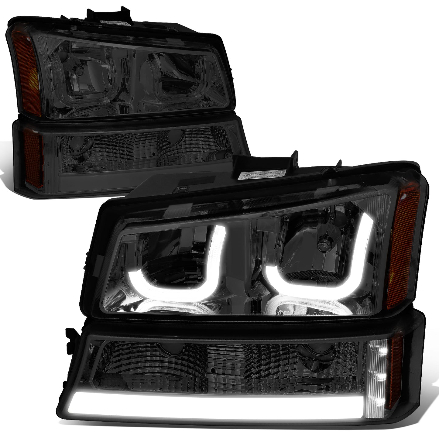 FAROS 03-06 CHEVY SILVERADO 1500, 2500, 3500, 1500HD, 2500HD, AVALANCHE 1500, AVALANCHE 2500 / 2007 CHEVY SILVERADO 1500, 1500HD, 2500HD, 3500 CLASSIC - FITS MODELS WITHOUT FACTORY CLADDING ONLY - J-HALO - LED DRL - 4PC SMOKE HOUSING / AMBER CORNER