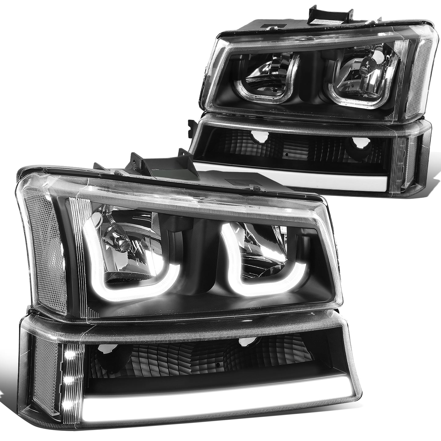 FAROS 03-06 CHEVY SILVERADO 1500, 2500, 3500, 1500HD, 2500HD, AVALANCHE 1500, AVALANCHE 2500 / 2007 CHEVY SILVERADO 1500, 1500HD, 2500HD, 3500 CLASSIC - FITS MODELS WITHOUT FACTORY CLADDING ONLY - J-HALO - LED DRL - 4PC - BLACK HOUSING / CLEAR CORNER