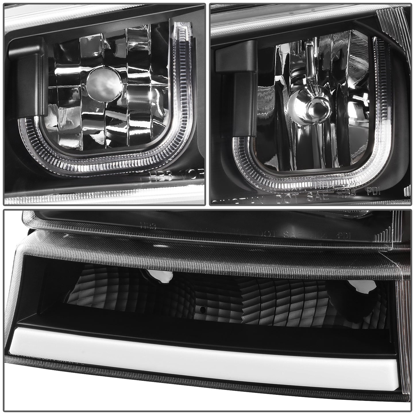 FAROS 03-06 CHEVY SILVERADO 1500, 2500, 3500, 1500HD, 2500HD, AVALANCHE 1500, AVALANCHE 2500 / 2007 CHEVY SILVERADO 1500, 1500HD, 2500HD, 3500 CLASSIC - FITS MODELS WITHOUT FACTORY CLADDING ONLY - J-HALO - LED DRL - 4PC - BLACK HOUSING / CLEAR CORNER