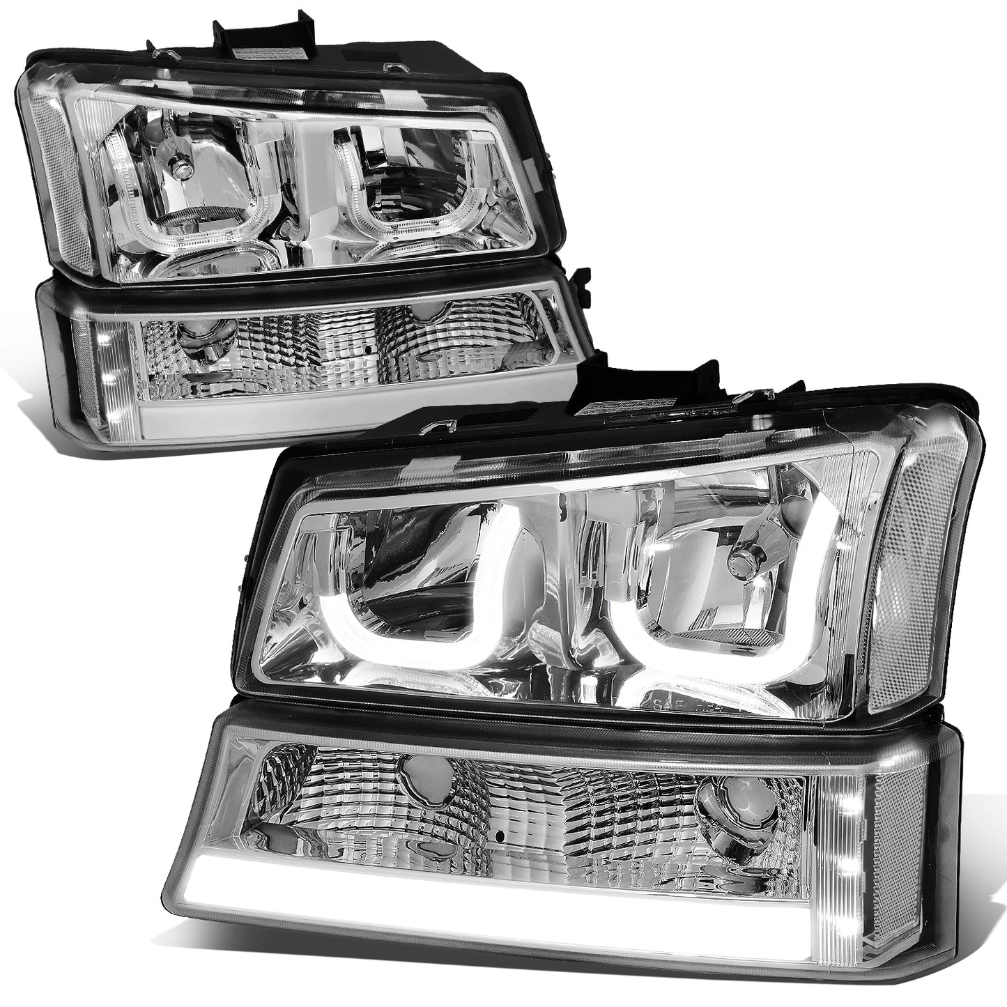 FAROS 03-06 CHEVY SILVERADO 1500, 2500, 3500, 1500HD, 2500HD, AVALANCHE 1500, AVALANCHE 2500 / 2007 CHEVY SILVERADO 1500, 1500HD, 2500HD, 3500 CLASSIC - FITS MODELS WITHOUT FACTORY CLADDING ONLY - J-HALO - LED DRL - 4PC - CHROME HOUSING / CLEAR CORNER