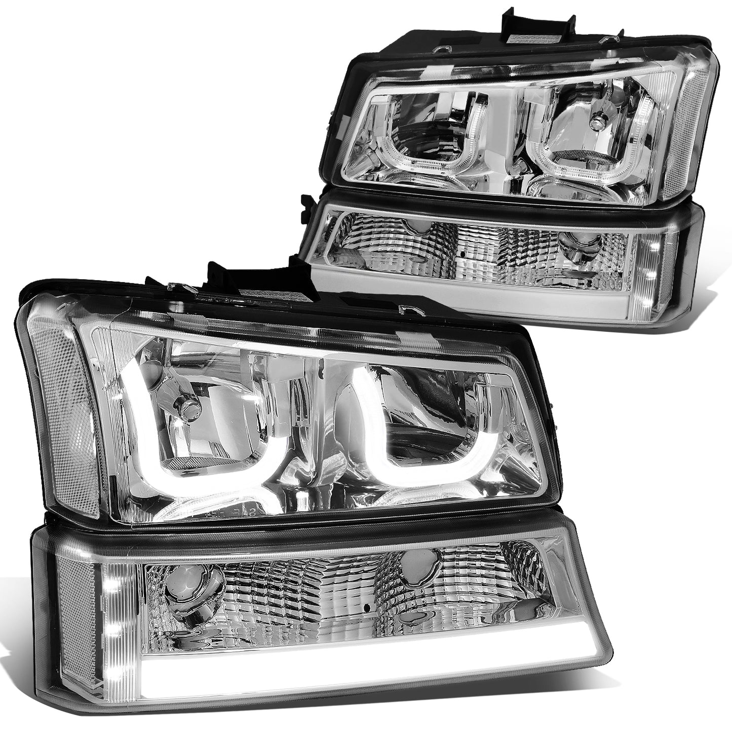 FAROS 03-06 CHEVY SILVERADO 1500, 2500, 3500, 1500HD, 2500HD, AVALANCHE 1500, AVALANCHE 2500 / 2007 CHEVY SILVERADO 1500, 1500HD, 2500HD, 3500 CLASSIC - FITS MODELS WITHOUT FACTORY CLADDING ONLY - J-HALO - LED DRL - 4PC - CHROME HOUSING / CLEAR CORNER