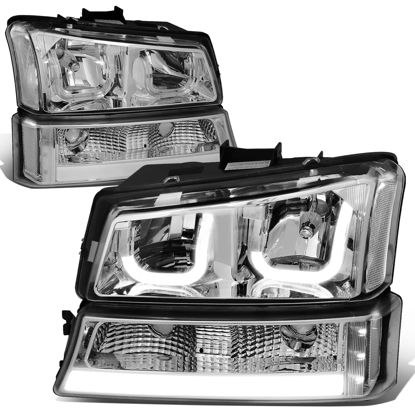 FAROS 03-06 CHEVY SILVERADO 1500, 2500, 3500, 1500HD, 2500HD, AVALANCHE 1500, AVALANCHE 2500 / 2007 CHEVY SILVERADO 1500, 1500HD, 2500HD, 3500 CLASSIC - FITS MODELS WITHOUT FACTORY CLADDING ONLY - J-HALO - LED DRL - 4PC - CHROME HOUSING / CLEAR CORNER