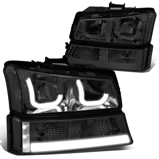 FAROS 03-06 CHEVY SILVERADO 1500, 2500, 3500, 1500HD, 2500HD, AVALANCHE 1500, AVALANCHE 2500 / 2007 CHEVY SILVERADO 1500, 1500HD, 2500HD, 3500 CLASSIC - FITS MODELS WITHOUT FACTORY CLADDING ONLY - J-HALO - LED DRL - 4PC - SMOKE HOUSING / CLEAR CORNER