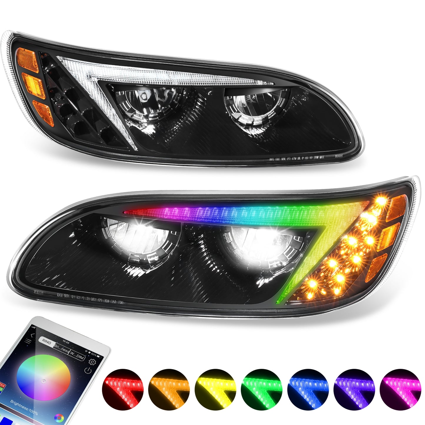 FAROS 08-19 PETERBILT 325 / 05-20 PETERBILT 330 / 05-10 PETERBILT 335 / 10-20 PETERBILT 337 / 07-10 PETERBILT 340 / 10-20 PETERBILT 348 / 07-18 PETERBILT 382 / 07-14 PETERBILT 384 / 05-16 PETERBILT 386 / 99-11 PETERBILT 387 - FULL LED RGB DRL - BLACK