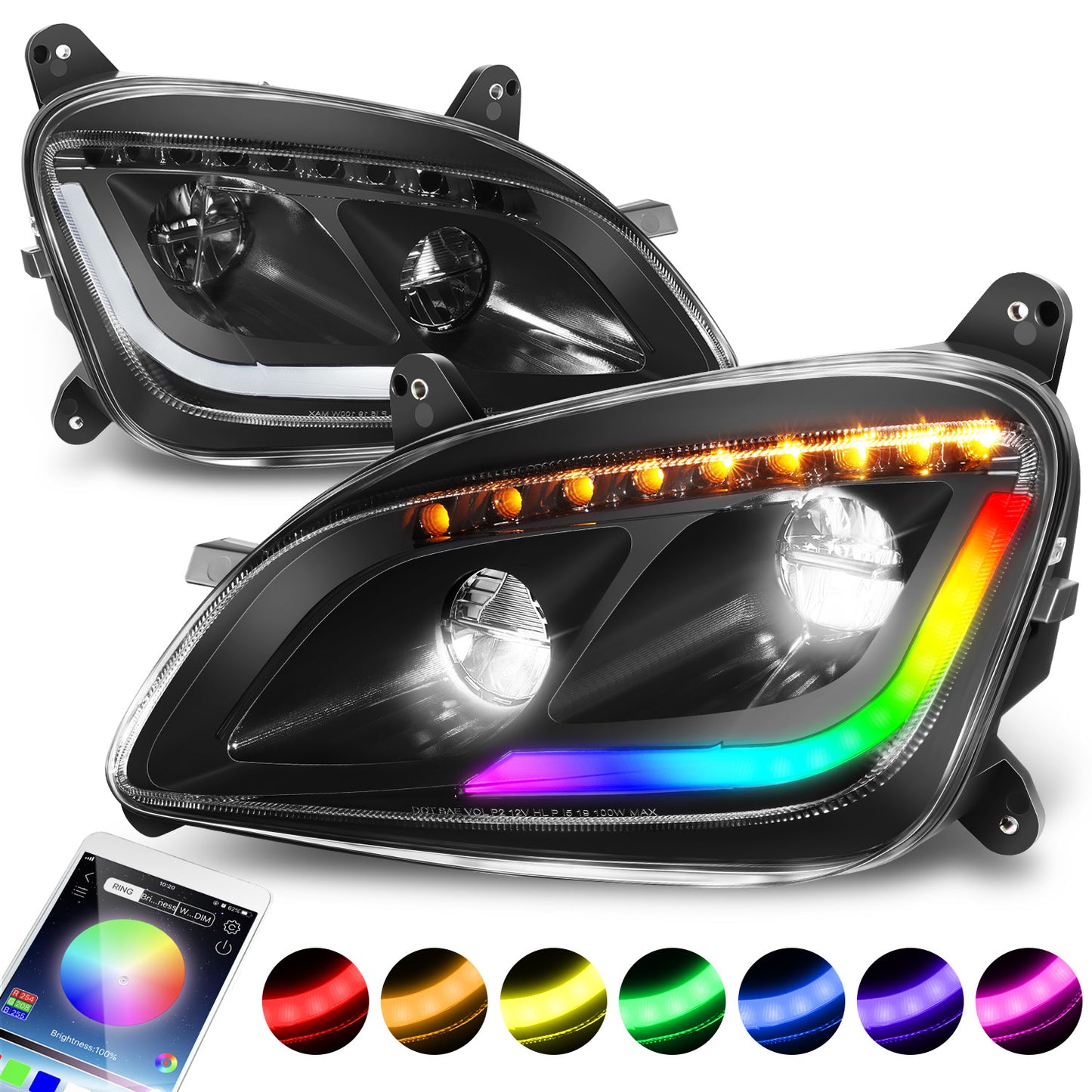 FAROS 13-20 PETERBILT 579 / 11-18 PETERBILT 587 - FULL LED RGB DRL SEQUENTIAL TURN SIGNAL - BLACK